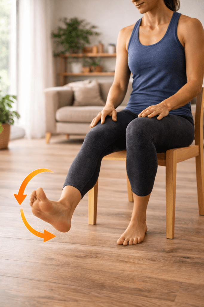 Woman Sitting in Chair Performing Ankle Circle Exercise