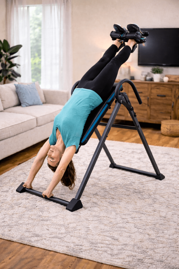 Young woman hanging upside down in relaxed position on an inversion table