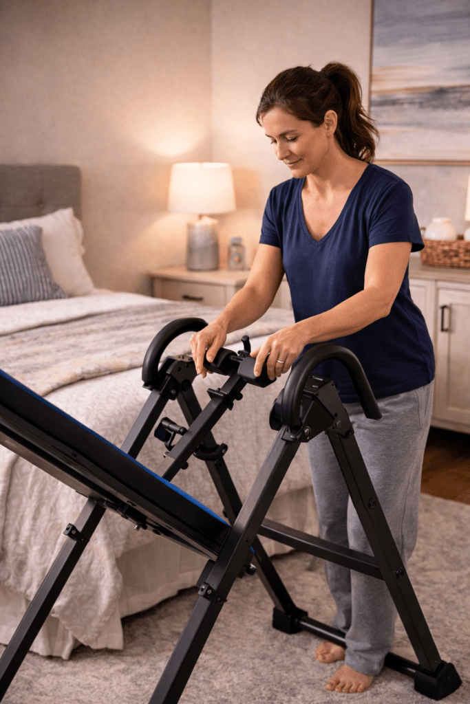Woman setting up inversion table in bedroom to use in evening before bed