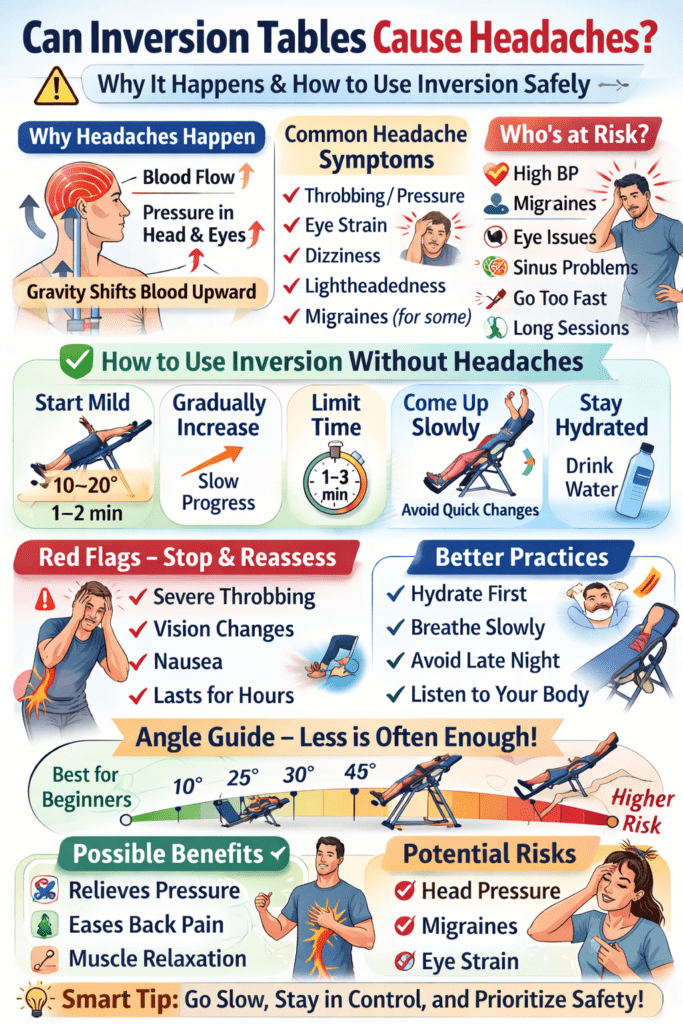 Infographic - headaches and inversion tables - benefits, risks, what to be aware of