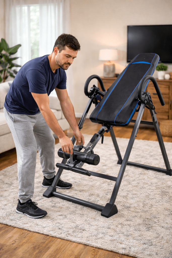 Man setting up inversion table in living room