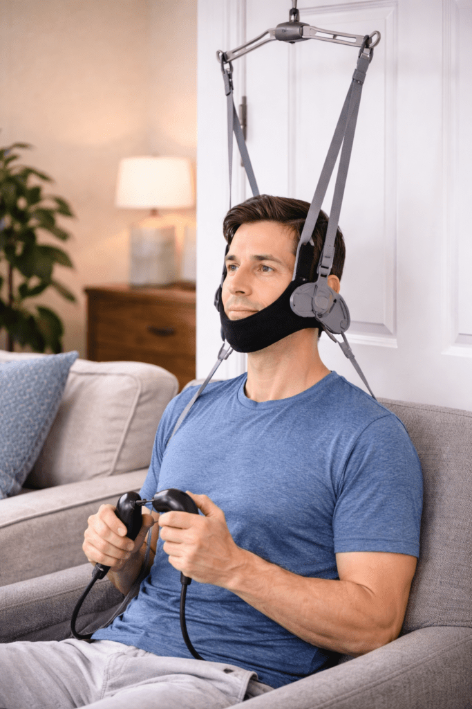 Man Using Neck Traction Device while Sitting in a Chair