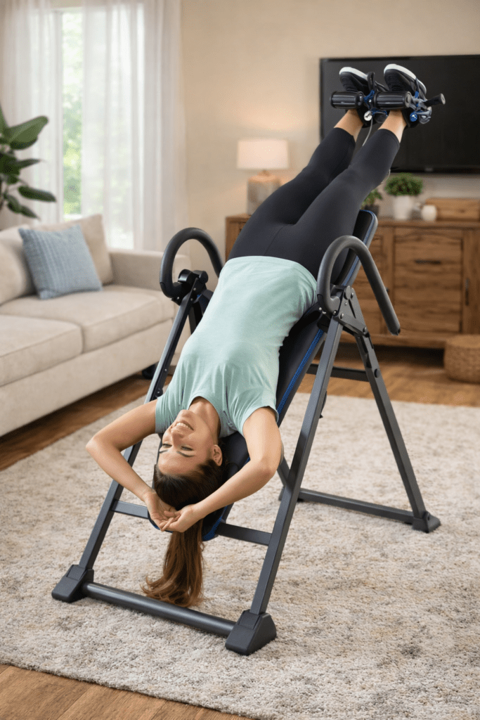 Woman hanging upside down on an inversion table in her living room