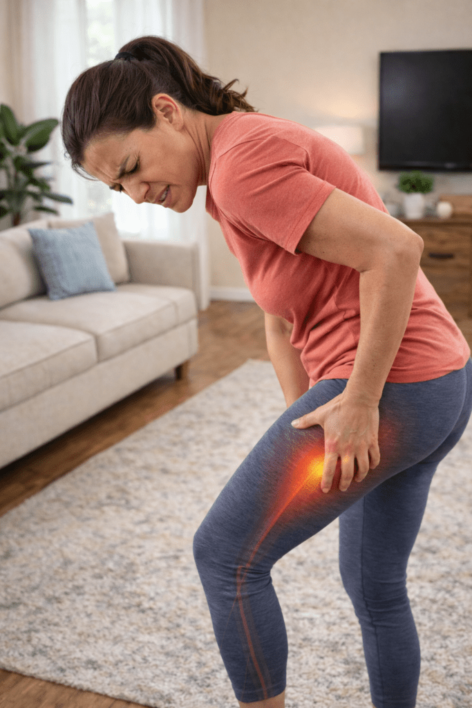 Woman suffering from sciatica pain down her leg